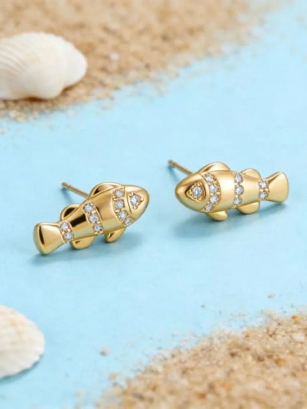 New - Dainty Stud Earrings for‎ Women 14K Gold Plated Trendy Fish Studs Cubic